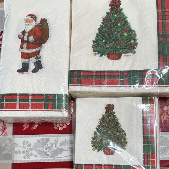 Lenox Vintage Santa & Tree Napkin bundle - Red and Green Plaid border/3 packages - Picture 1 of 7